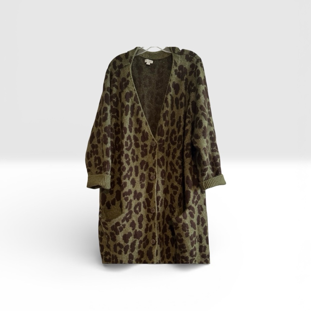 LOGO by Lori Goldstein Leopard Print Cardigan - Green and Brown - Picture 2 of 6